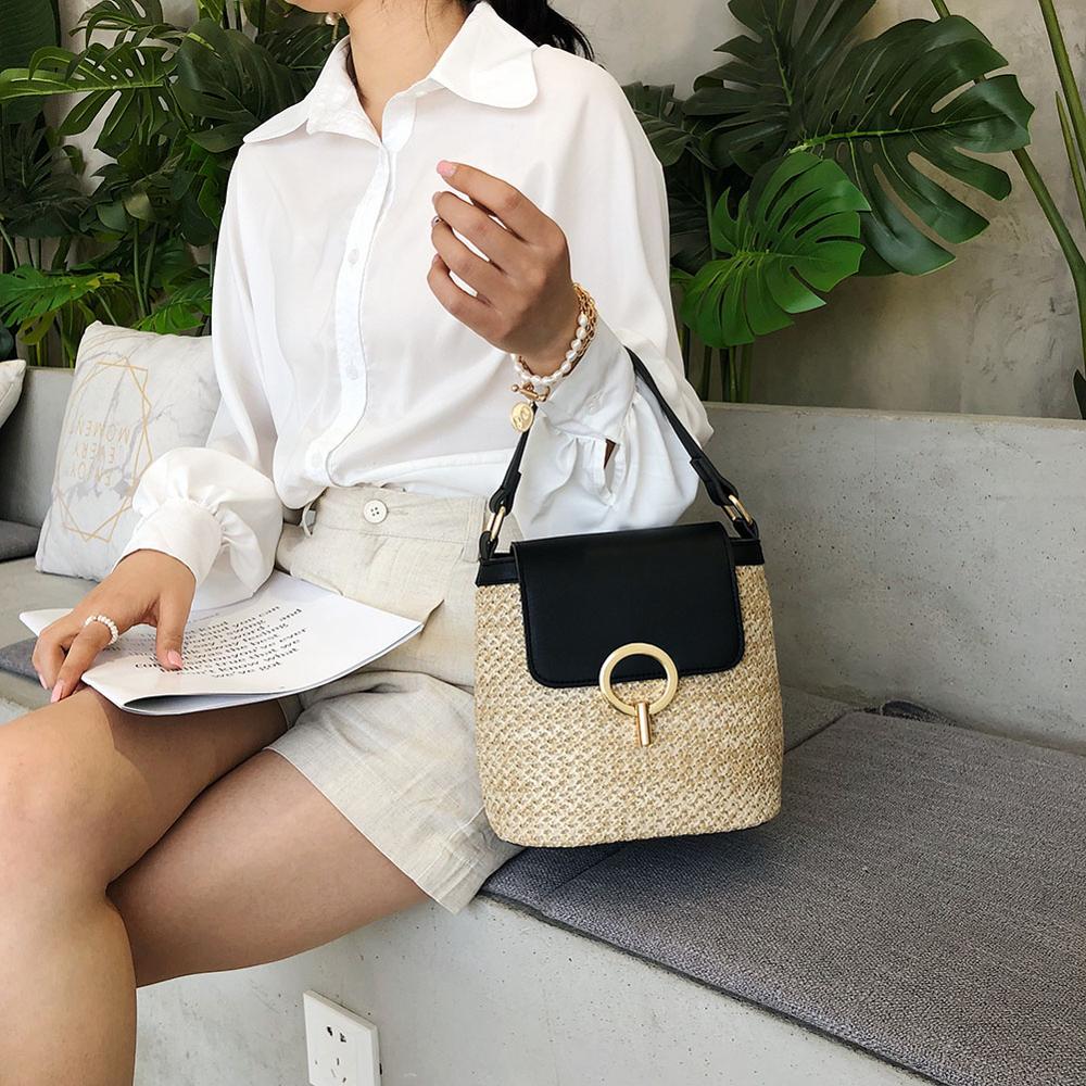 Women Straw Weave Shoulder Bags for Women Summer Bucket Handbags Summer Beach Totes Travel Shoulder chain Bags