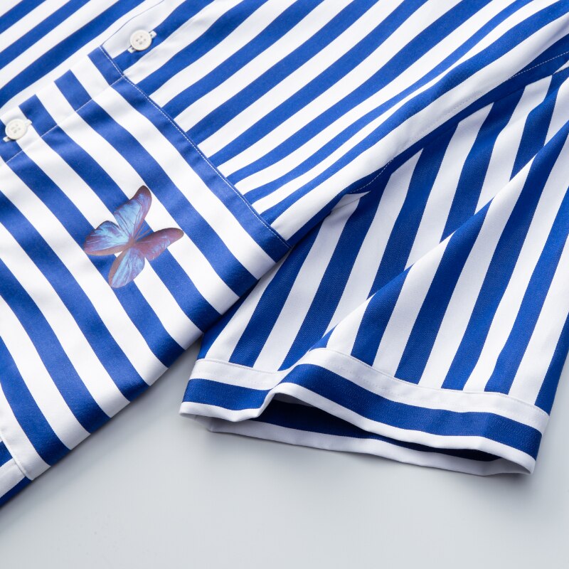 Minglu Tencel Männlichen Hemden Luxus Kurzarm Schmetterling Druck lässig Mens Kleid Hemden Sommer schlank passen Streifen Mann Hemden 4XL