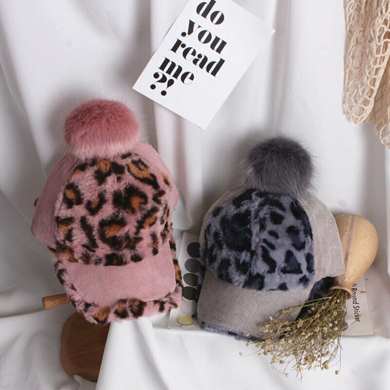 Leopard print baseball kasketter varm pom pom hat børn toddler baby pige vinter hat cap