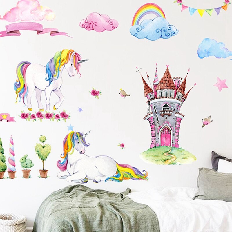 Cartoon Rainbow Unicorn Wall Stickers For Kids Room Girls Bedroom Window Nursery Decor Kindergarten Scene Layout Stickers