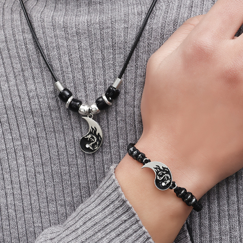 2/4 Uds Tai Chi Yin Yang pareja pulseras collares conjunto colgante pulsera de cadena trenzada ajustable pulseras de amante a juego gargantilla