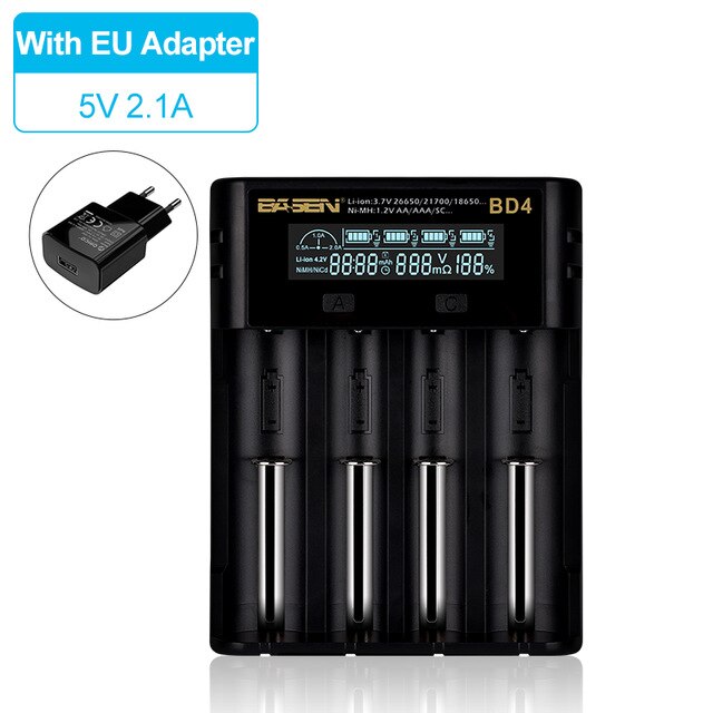BASEN 18650 Battery Charger for 1.2V 3.7V 3.2V 18650 26650 21700 18350 AA AAA lithium NiMH battery smart charger 5V 2A plug: BD4-EU-1