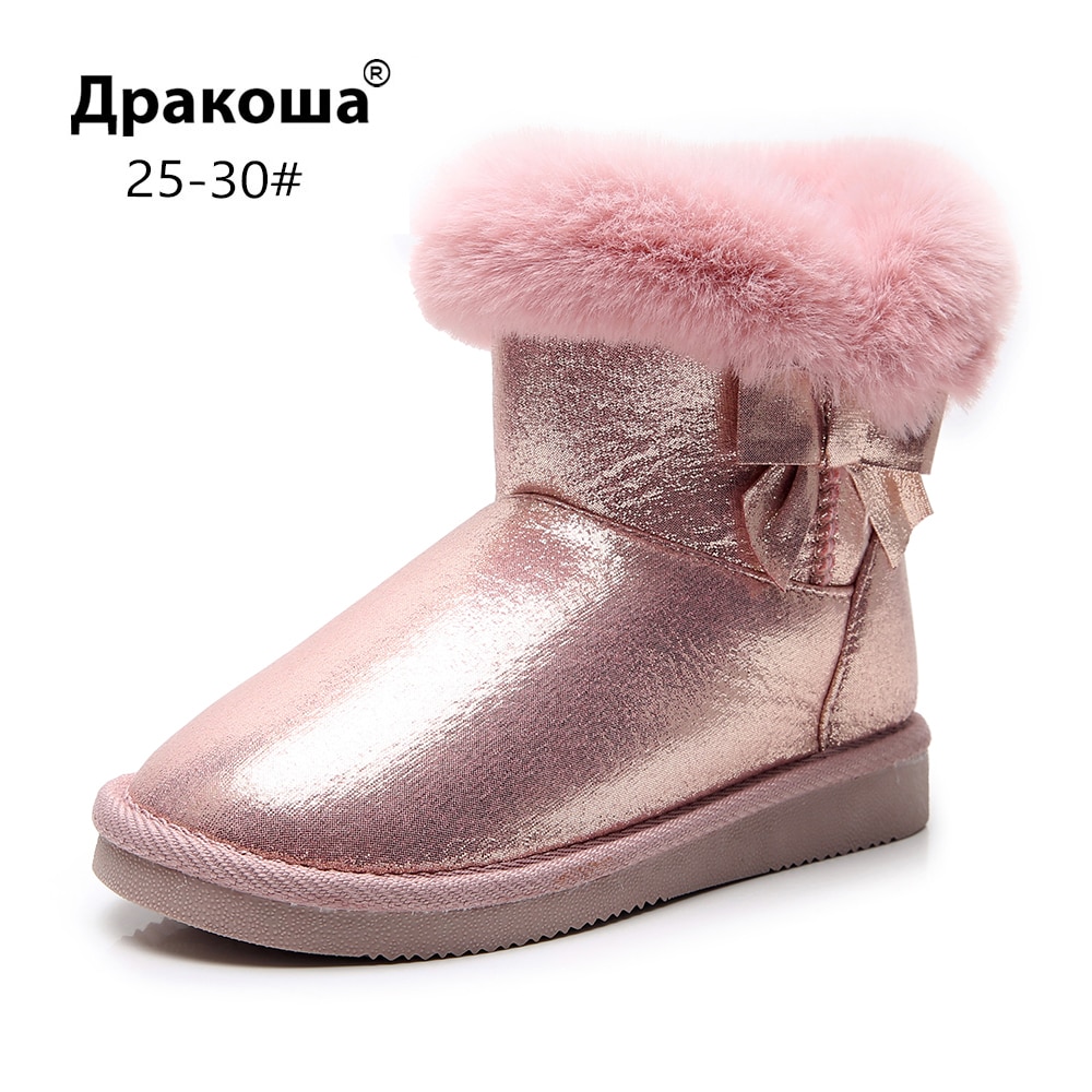 Apakowa Pluis Voering Winter Laarzen Meisjes Dikker Snowboots Mid-Kalf Classic Shining Zachte Kinderen Schoenen Met Boog Voor kinderen