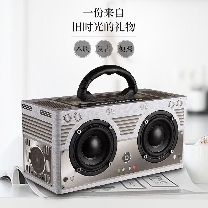 W9 retro holz bluetooth lautsprecher tragbare multifunktionale platz im freien tragbare hause handy großen stereo: gray