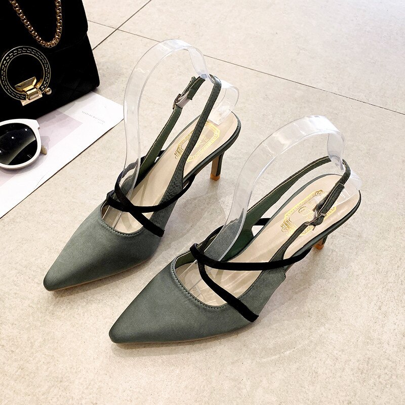 Teahoo summer women sandals leisure hollow out ankle strap buckle lady roman shoes pointed party shoes mujer: Green / 8