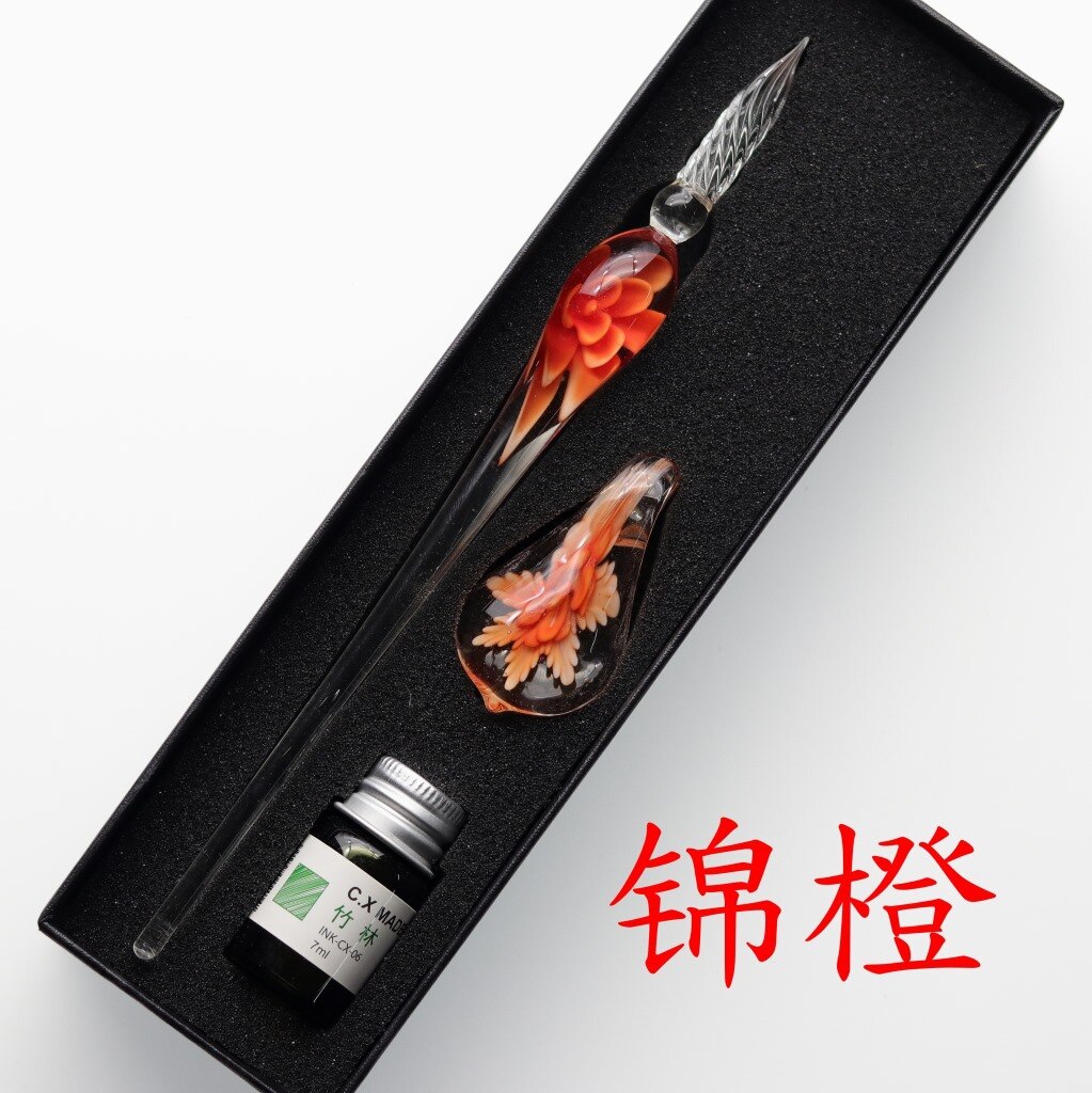 Jugal håndlavet lampwork glas pen blomst mønster gennemsigtig fyldepen guld pastel blæk signatur pen: Lille gaveæske d