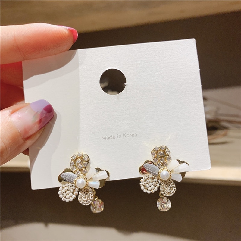 Mengjiqiao koreanske håndlavede krystalperler blomst dråbeøreringe til kvinder piger shell perle brincos fest smykker