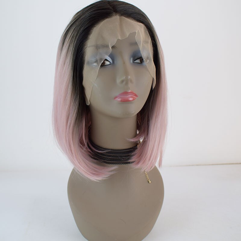 Bombshell preto raízes ombre rosa curto em linha reta bob peruca dianteira do laço sintético resistente ao calor fibra cabelo médio de separação para mulher
