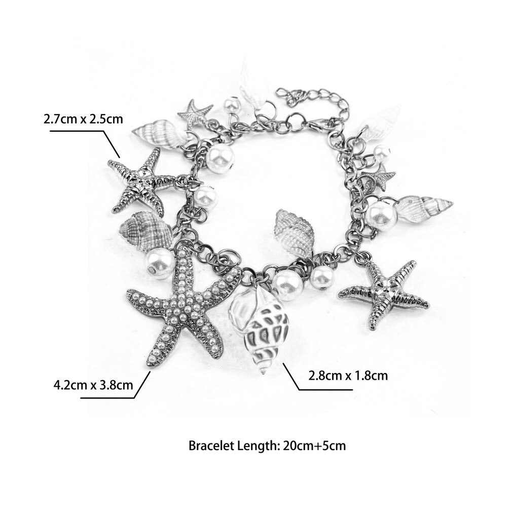 Women Ocean Style Multi Starfish Sea Star Conch Shell Simulated-Pearl Chain Beach Bracelet Bangle Novelty