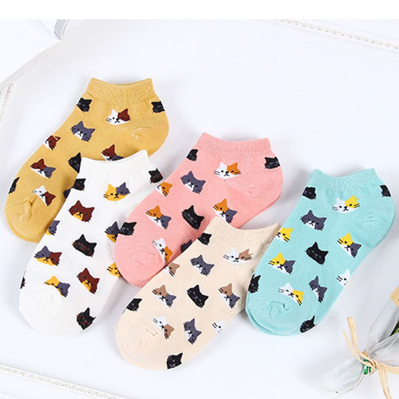 Calcetines tobilleros con de gato para Mujer, medias cortas con dibujos de animales, coreana, Kawaii, informal, 5 pares