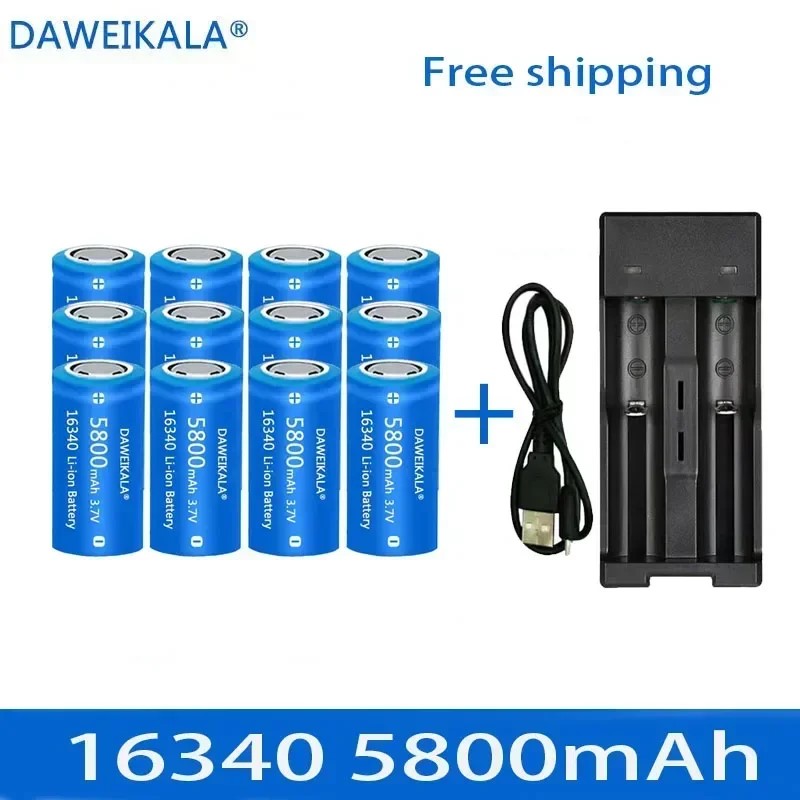 5800 mah genopladelige 3.7v li-ion batterier 16340  cr123a til led-lommelygte vægoplader, rejse til 16340 cr123a batterier: Himmelblå