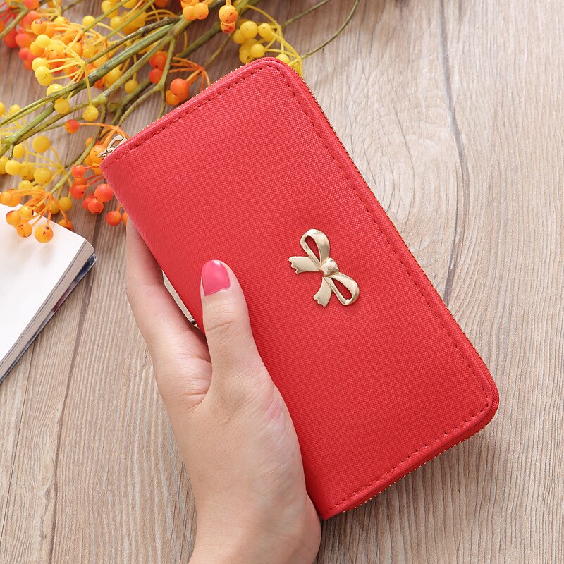 Kaarten Wallet Dames Leuke Strik Vrouwen Lange Portemonnee Effen Kleur Clutch Bag Pu Lederen Portemonnee Telefoon Kaart houder Tas: Red