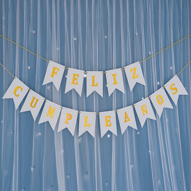 Tillykke med fødselsdagen papir krans spansk sprog bannere flag tillykke med fødselsdagen fest indretning levering baby shower dekoration forsyninger: Hvid 1