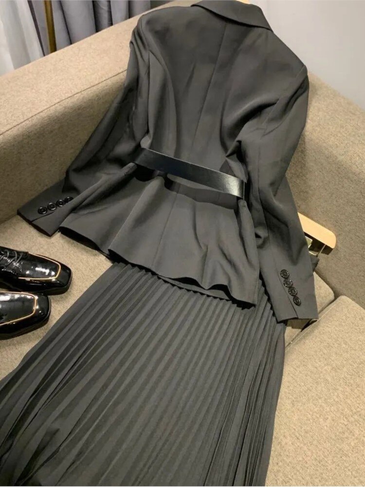 Blazer con cinturón + Falda plisada Midi para mujer, conjunto de 2 piezas, chaqueta de manga larga para oficina, traje