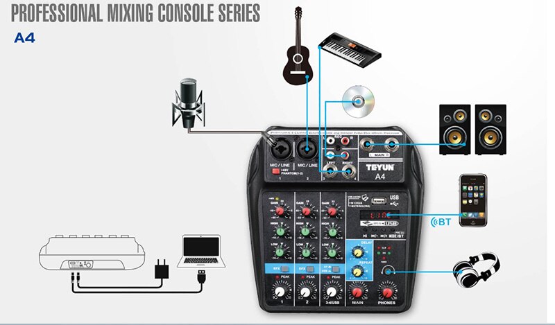 estilo de grabación, consola mezcladora de sonido, 48 V, mezclador con USB Digital, consola mezcladora de sonido con Bluetooth de 48V
