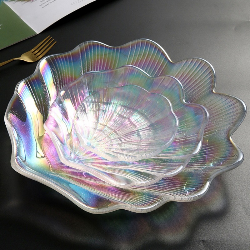 Placas de concha de cristal azul grandes, transparentes, holográficas, coloridas, iridiscentes, 30cm, adornos, decoraciones de exhibición, bandejas de joyería