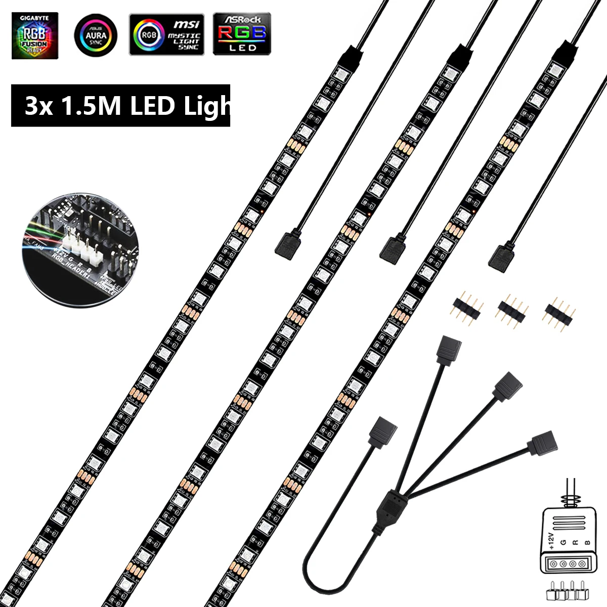 Tira de luces LED RGB 5050 para juegos, línea de rama para 12V Aura Sync, Control de placa base, carcasa de ordenador, 0,5 M- 2M, 4 pines, cabezal RGB: YELLOW / De Color6