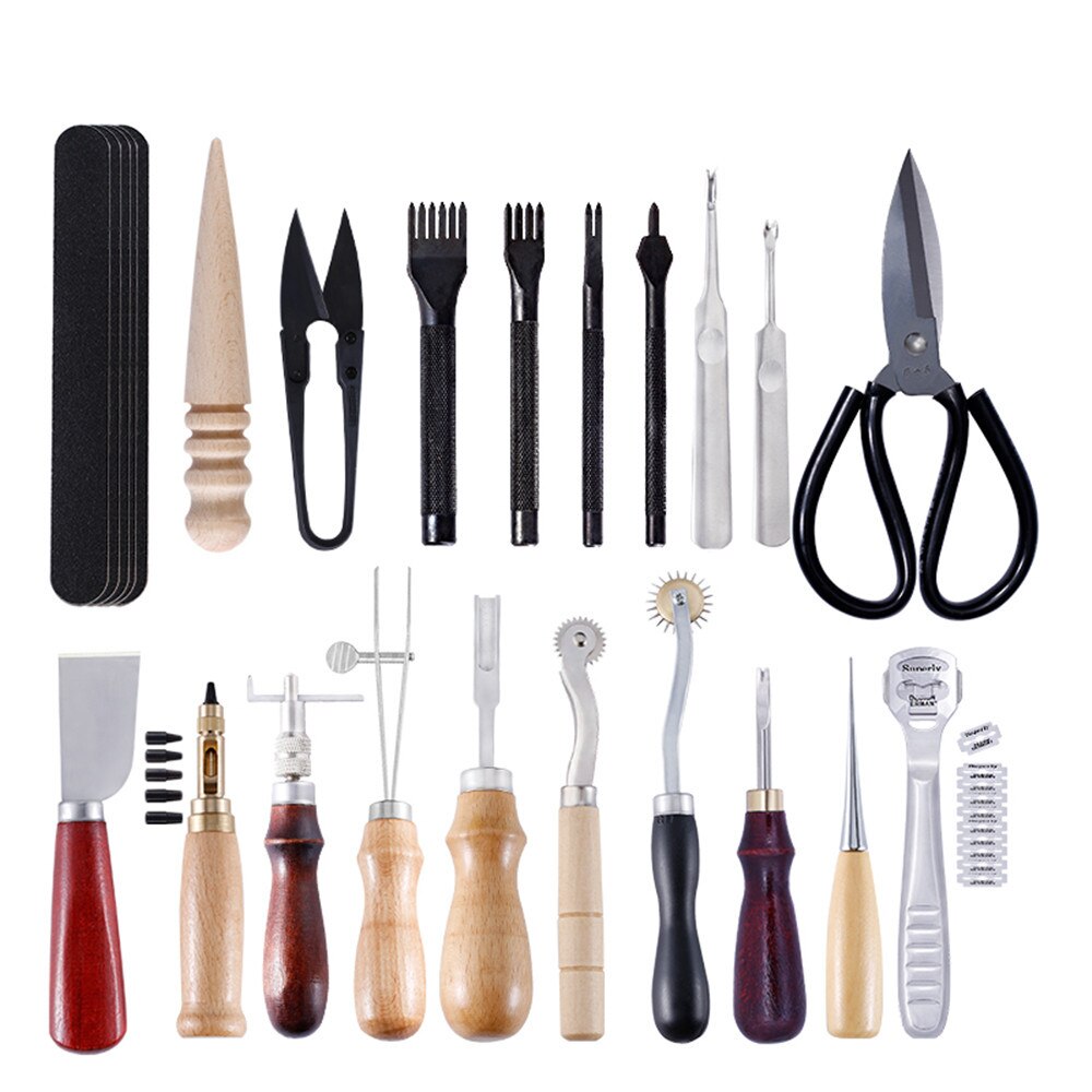 Leather Craft Punch Tools Set Kit Stitching Carving Working Sewing Saddle Groover Leather Crafts Tools Skiving Knife