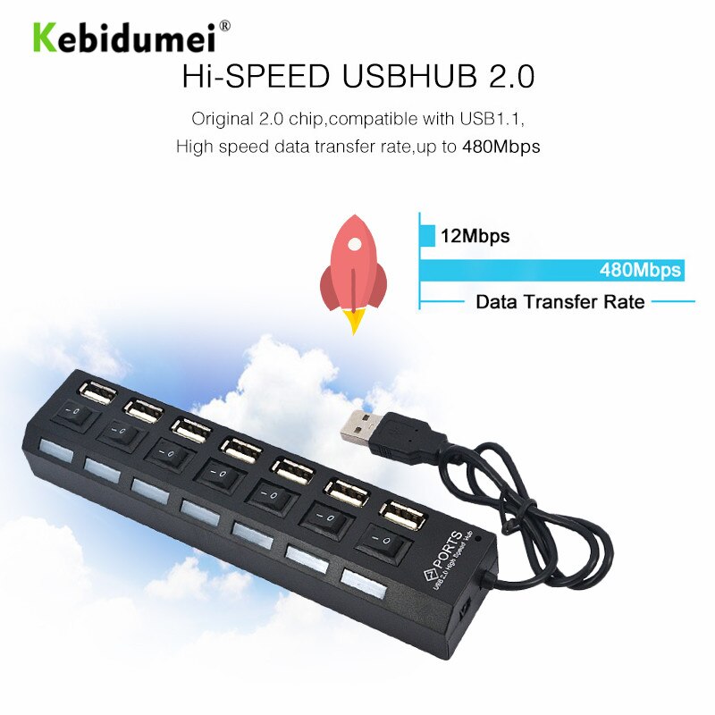Kebidumei høj hastighed 7 porte usb hub swithcer hub led indikator 5 gbps til bærbar pc windows xp win 7/8 linux, mac os