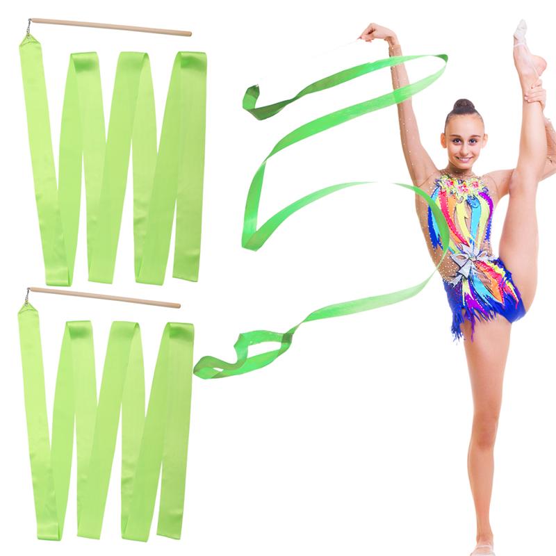2 Stuks 4 M Kleurrijke Ritmische Gymnastiek Lint Gymnastiek Dansen Lint Dansen Streamers Voor Kids Kinderen (Groen)