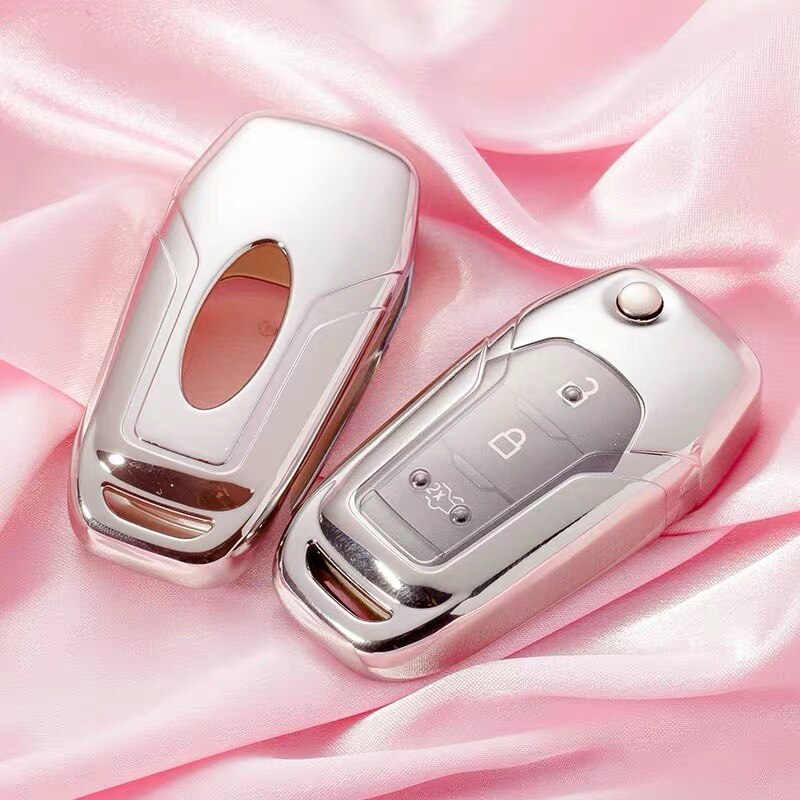 TPU Key Fob Cover Case For Ford F150 Kuga FOCUS 3 Mondeo Everest Fiesta Mustang Fecosport Edge Fusion 3-Buttons Flip Remote Key: B-style-silver