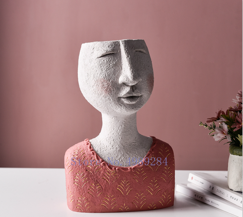 Jarrón de cabeza humana de resina nórdica creativa florero escultura cara humana jardín flor arreglo adornos decorativos jarrones para flores