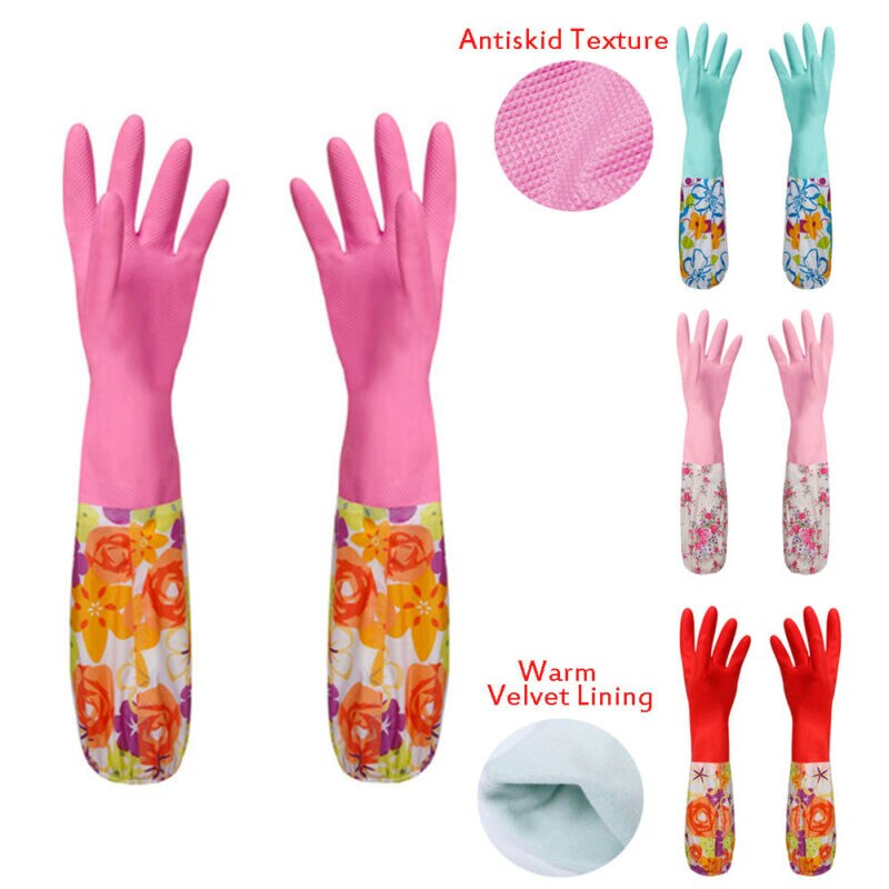 Reusable Rubber Latex Waterproof Dishwashing Gloves Long Cuff and Flock Lining Warm Household Cleaning Gloves Kitchen Tools