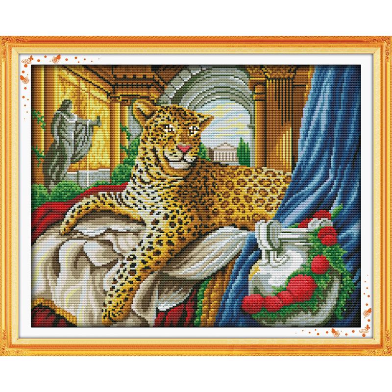 Kits de broderie en coton imprimé léopard, point de croix, fil de tissu compté 11CT 14CT, décoration artisanale en toile: D238 / 14CT White Cloth