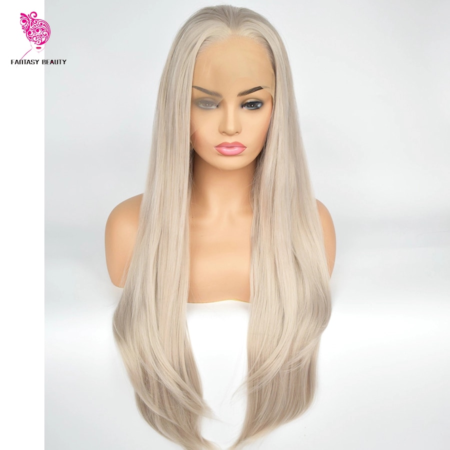 Fantasy skønhed håndbundet blond lang lige høj temperatur fiber varmebestandig limfri syntetisk front blonde paryk til kvinder