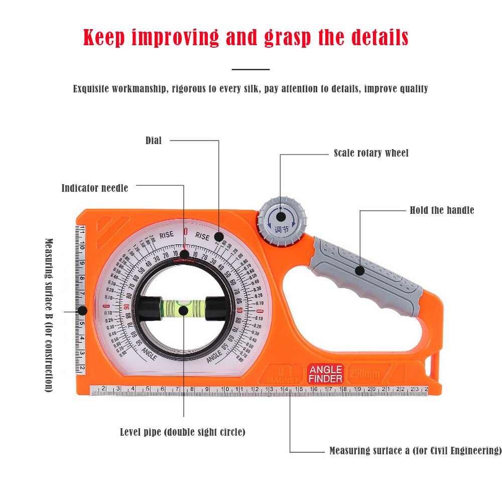 0-130 Degree Slope Measure Instruments Angle Ruler Multi-functional Bevel Protractor Magnetic ABS Angle Finder Slope Meter