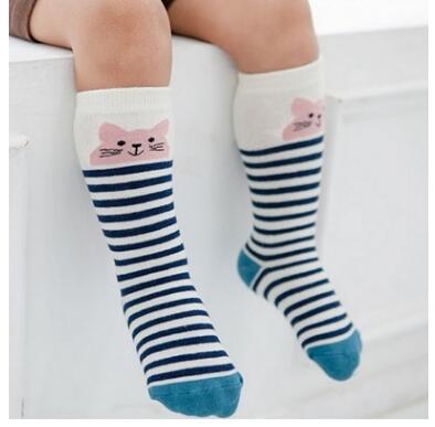 Meisjessokken kniehoge antislip babysokken van katoen jongenssokken met vossenprint kniehoge sokken meisjes beenwarmers: De blauwe strook / 0 to 2 jaar