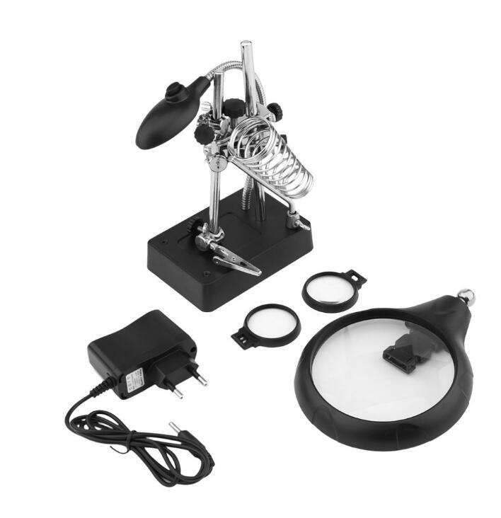 Welding magnifying glass 5 LED Light Auxiliary Clip loupe Magnifier 3 In1 Hand Soldering Solder Iron Stand Holder Station