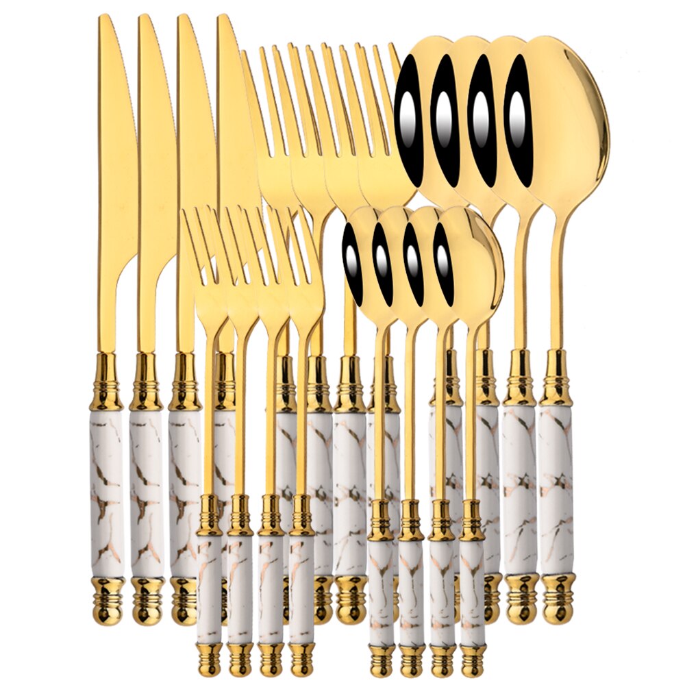 4/20PCS Gold Stainless Steel Flatware Cutlery Set Dinnerware Set Emerald Marble Ceramic Handle Knife Fork Tea Spoon Dinner Set: White Gold