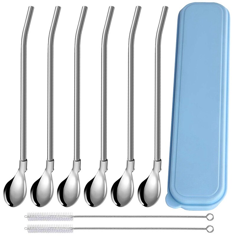 Reusable Spoon Drink Straws Value Pack 6Pcs with 2 Clean Brush - Metal Drinking Straw Spoon 7.5 Inch Long for 20Oz Tumblers
