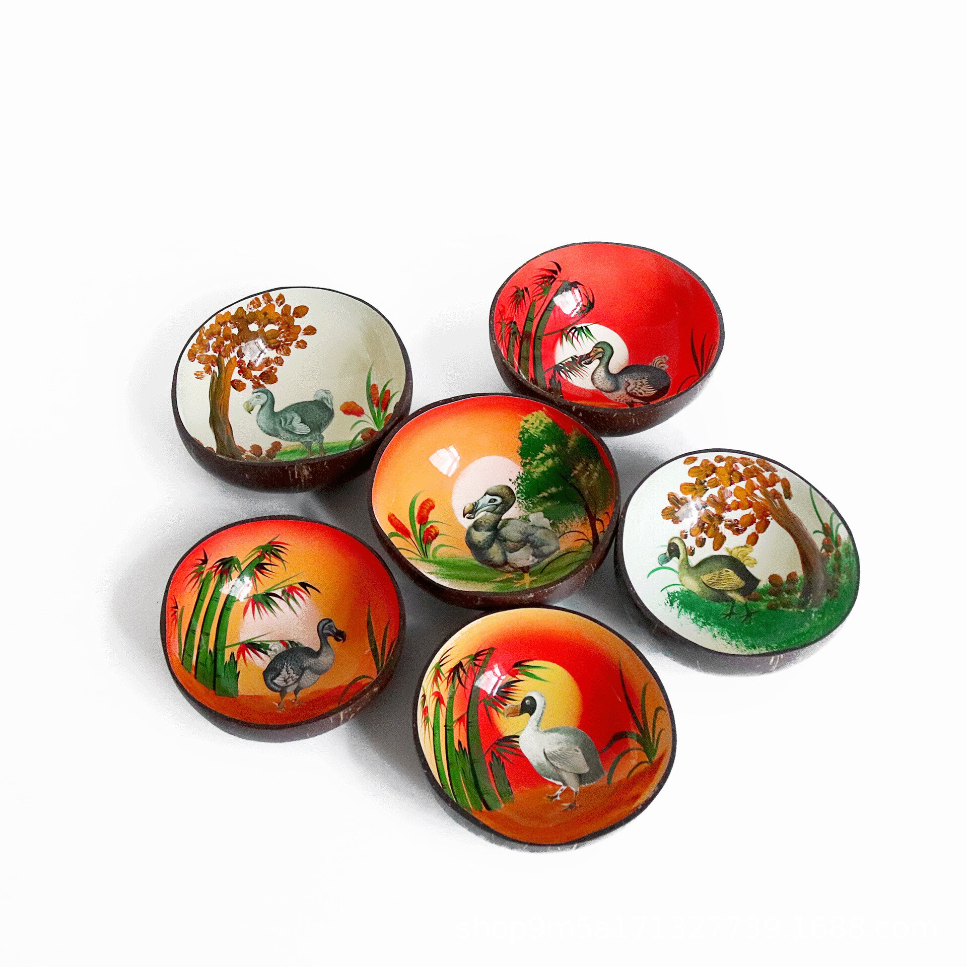Glazed Scenery Bird Coconut Salad Bowl Wooden Painted Fruit Tableware Breakfast Yogurt Cup Handicraft Home Decor Lover's