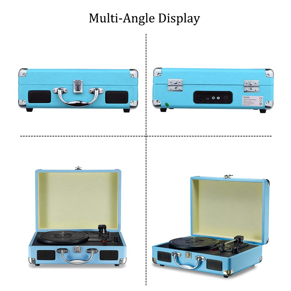 33/45/78 RPM bluetooth Portable Suitcase Turntable Vinyl LP Record Phone Player 3-Speed Aux-in Line-out 100-240V