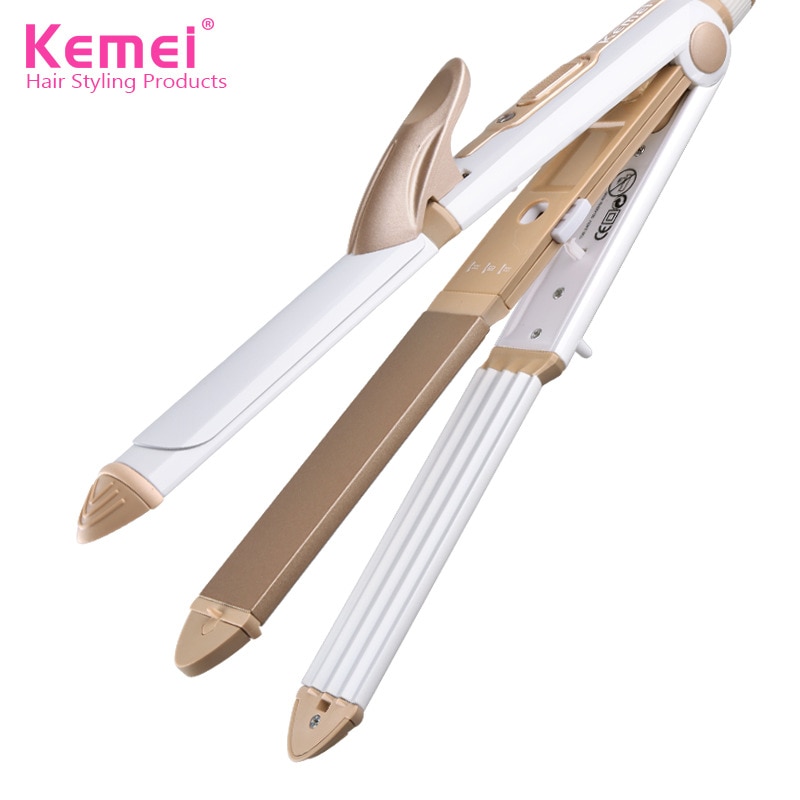 Kemei 3 in 1 plattång eu plug hair locktång keramisk uträtning majsklämma 210v-240v strykjärn stylingverktyg 43d: Guld-