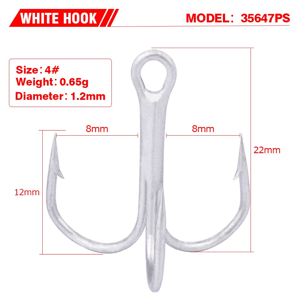 COMDABA 50 unids/lote 1 anzuelo de pesca de acero rico en carbono, anzuelos triples, aparejos de pesca de Color blanco/2/4/6/8/10 # anzuelos de pesca