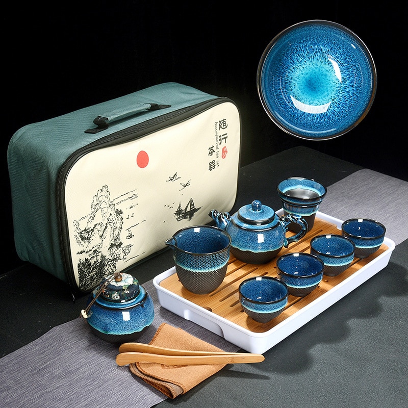 Kinesisk te sett blå rav glasur keramisk jingdezhen temmoku glasur utsøkt sett kung fu te kopp bærbar tekanne gaiwan te kopper