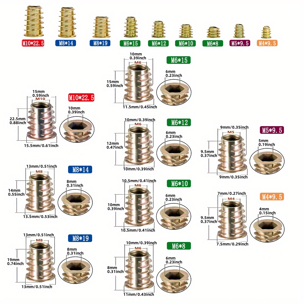 Inserts filetés 70/130, ensembles d'outils combinés d'écrous pour meubles en bois, meubles en alliage de zinc, connecteurs de fixation de boulons.