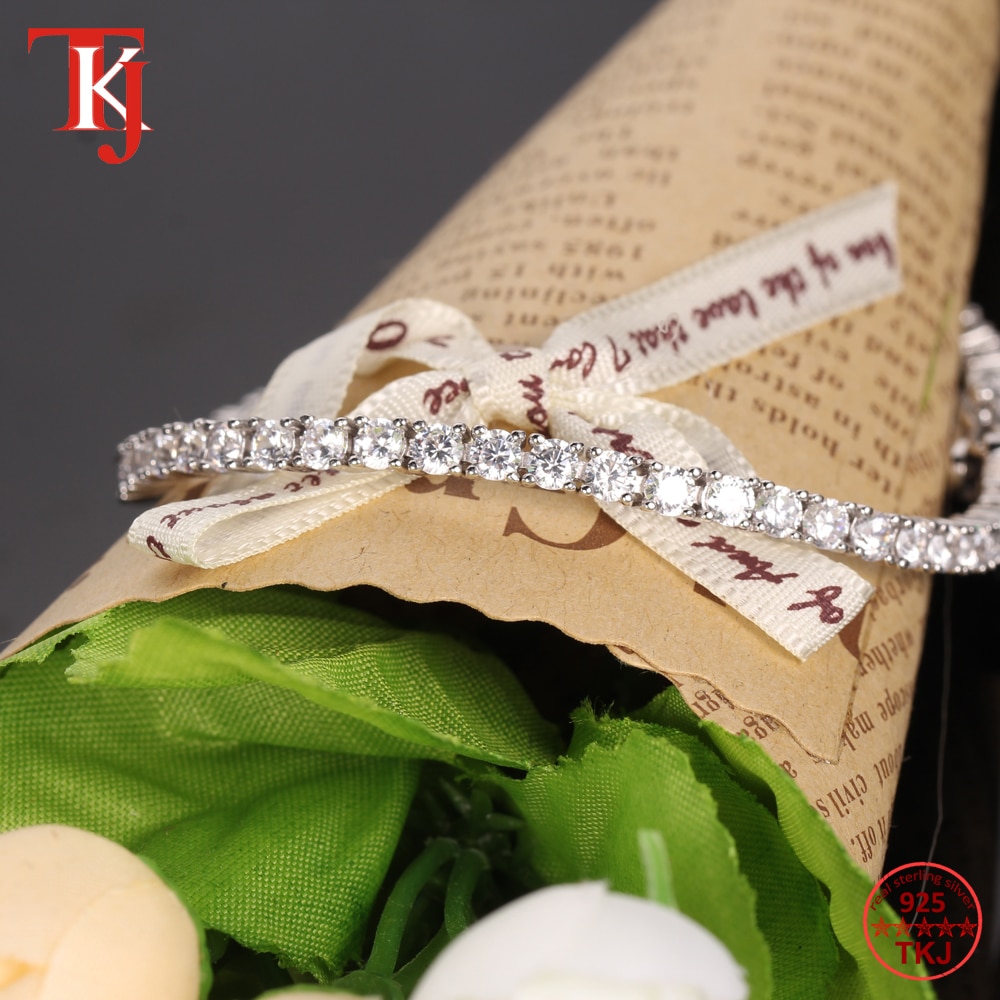 TKJ 925 Sterling Silver Cubic Zirconia Bracelet Round 3mm Tennis Bracelets Pulseras Bracelet Women Jewelry Girl Friend