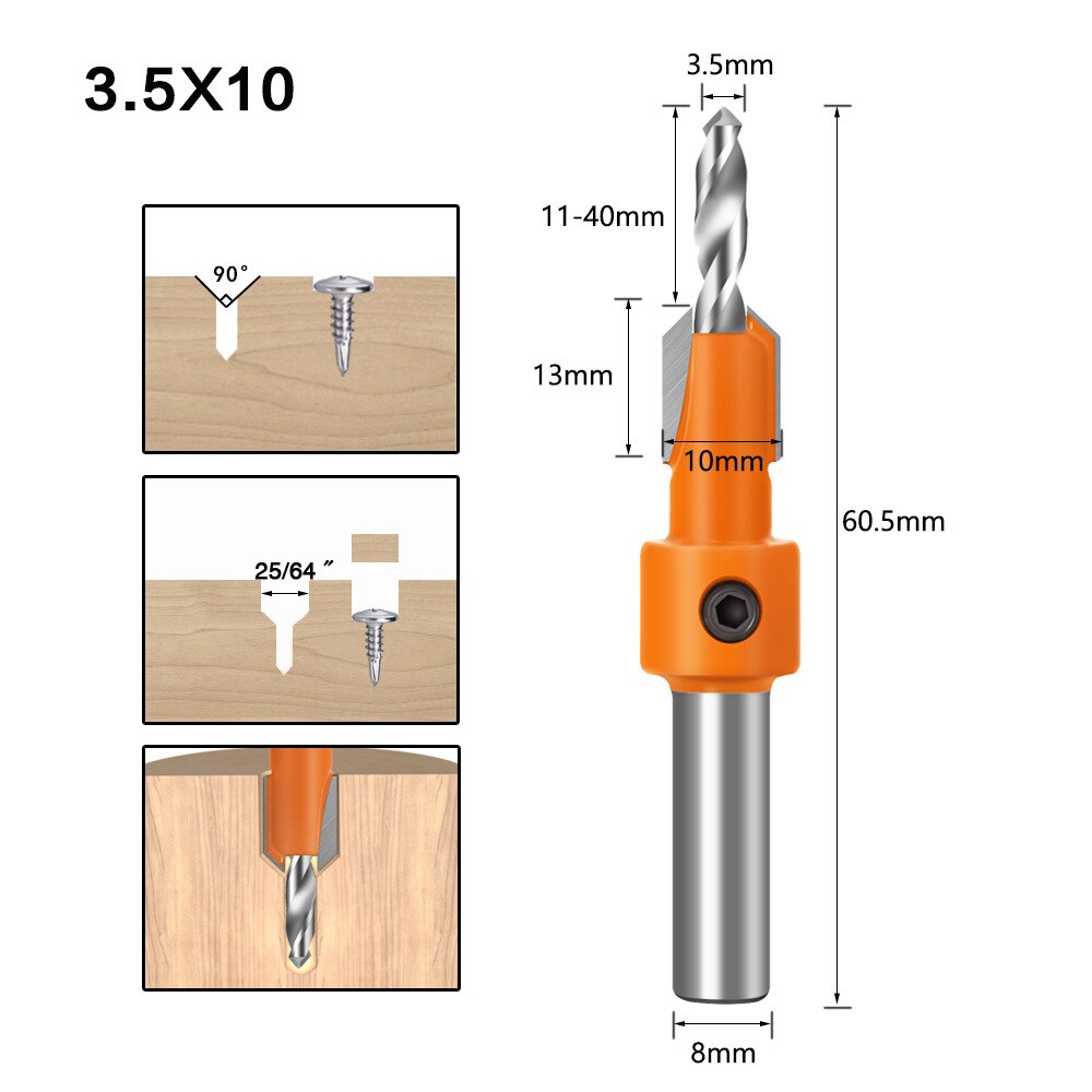 8mm Schaft HSS Holzbearbeitung Senker Bohrer Set Schraube Extractor Remon Abriss Holz Fräser Spiralbohrer Holz: 3.5mmX10mm