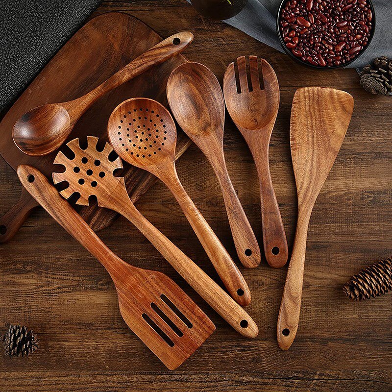 Utensilios de cocina de madera, 8 Uds. Cucharas y espátula de madera para cocinar, elegantes, utensilios de cocina para uso en el hogar y la cocina