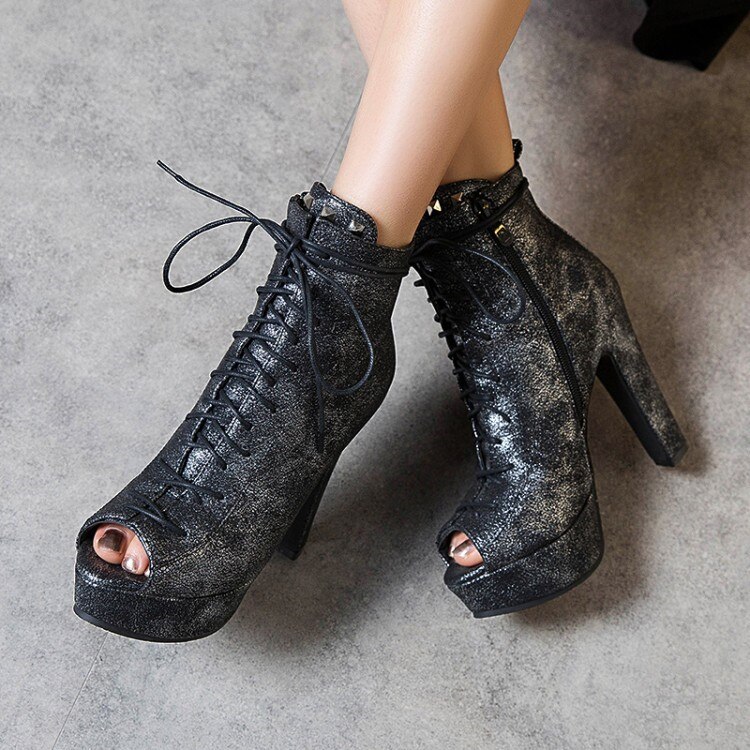 PXELENA Vintage High Heel Shoes Women Peep Toe Lace Up Zipper Punk Rock Gothic Gladiator Pumps Ladies Party Footwear Spring