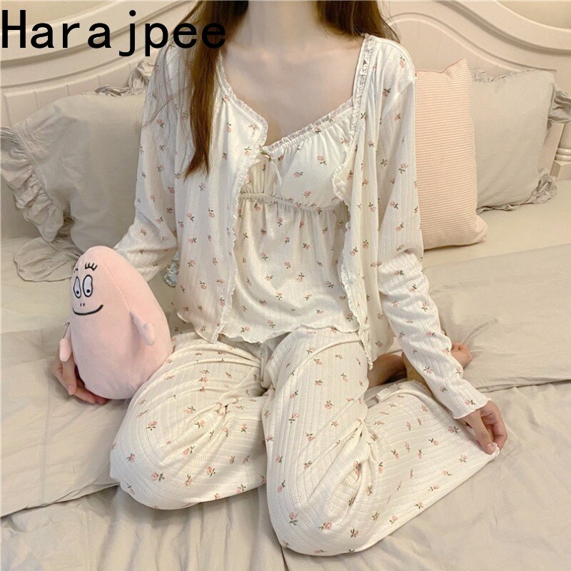 Harajpee Pyjama Drie Delige Set Print Hemdje Vest Met Borst Pad Broek Homewear Vrouwen Voorjaar Ins Mori Meisje stijl