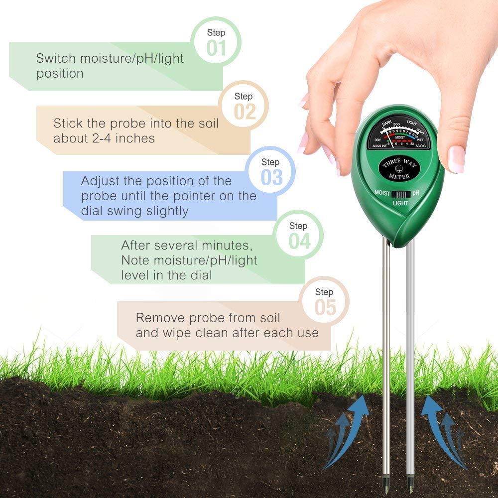 Soil pH Meter 3-in-1 Soil Tester Kits with Moisture Light and PH Test for Garden Farm Lawn, Indoor &amp; Outdoor (No Battery Needed）