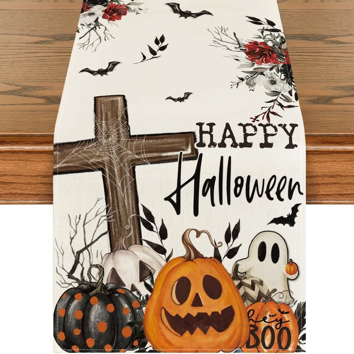 Spökblommor löv halloween bordslöpare, säsongsbetonad höst kök matbordsdekoration för hemfestdekor: 32*210cm / Vinröd