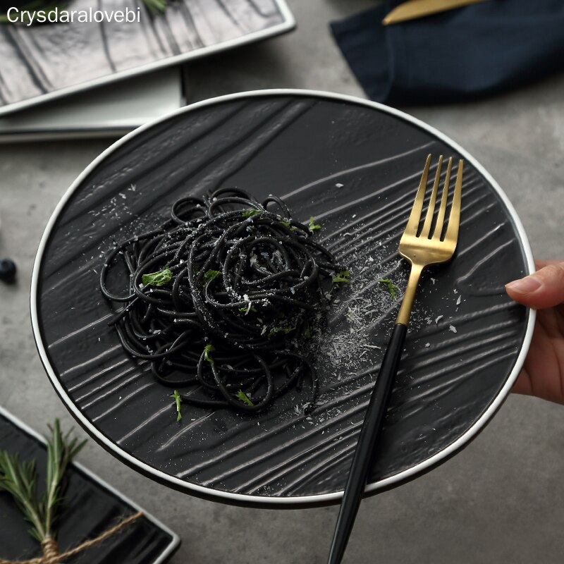 Nordisk stil bøf flade plader high-end vestlig restaurant tallerken sort og hvid rektangulær keramisk fad husholdningsartikler