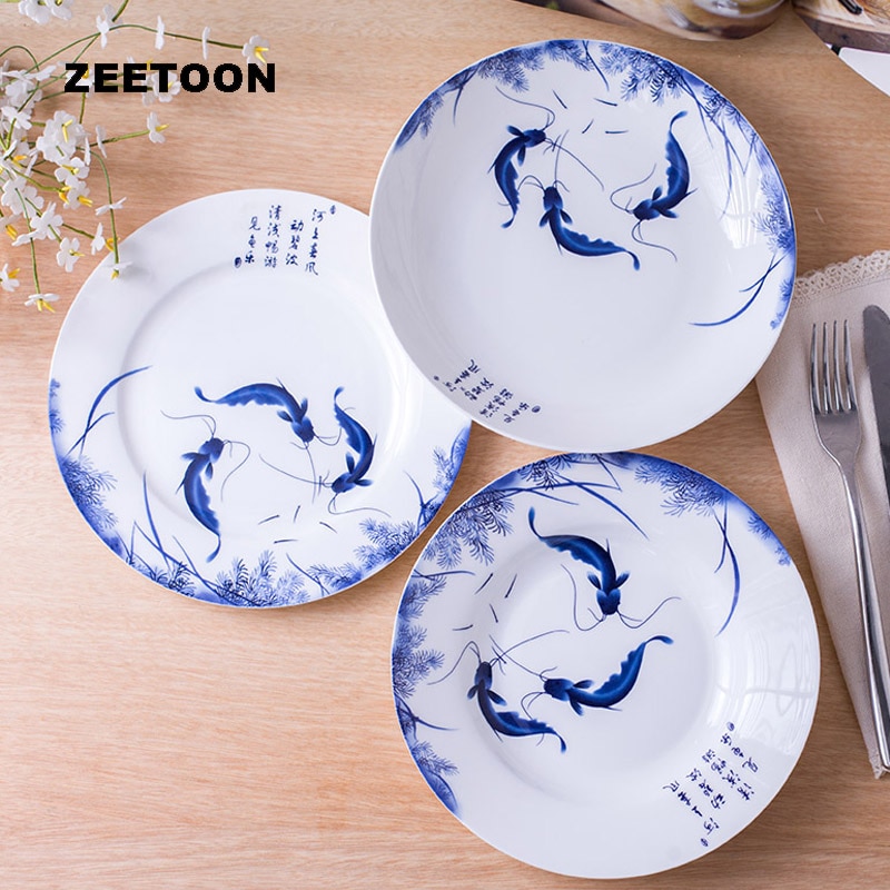 8/10inch Jingdezhen Plate Ceramic Bone china Dinner Plates Fish Pattern Decoration Dish Round Fruit Saucer Tableware Dinnerware