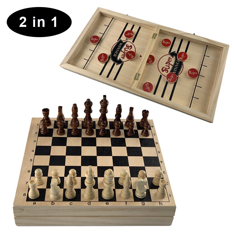 2-in-1 Table Hockey & Chess Game - Foldable Wooden Board - Parent-Child Interactive Toy